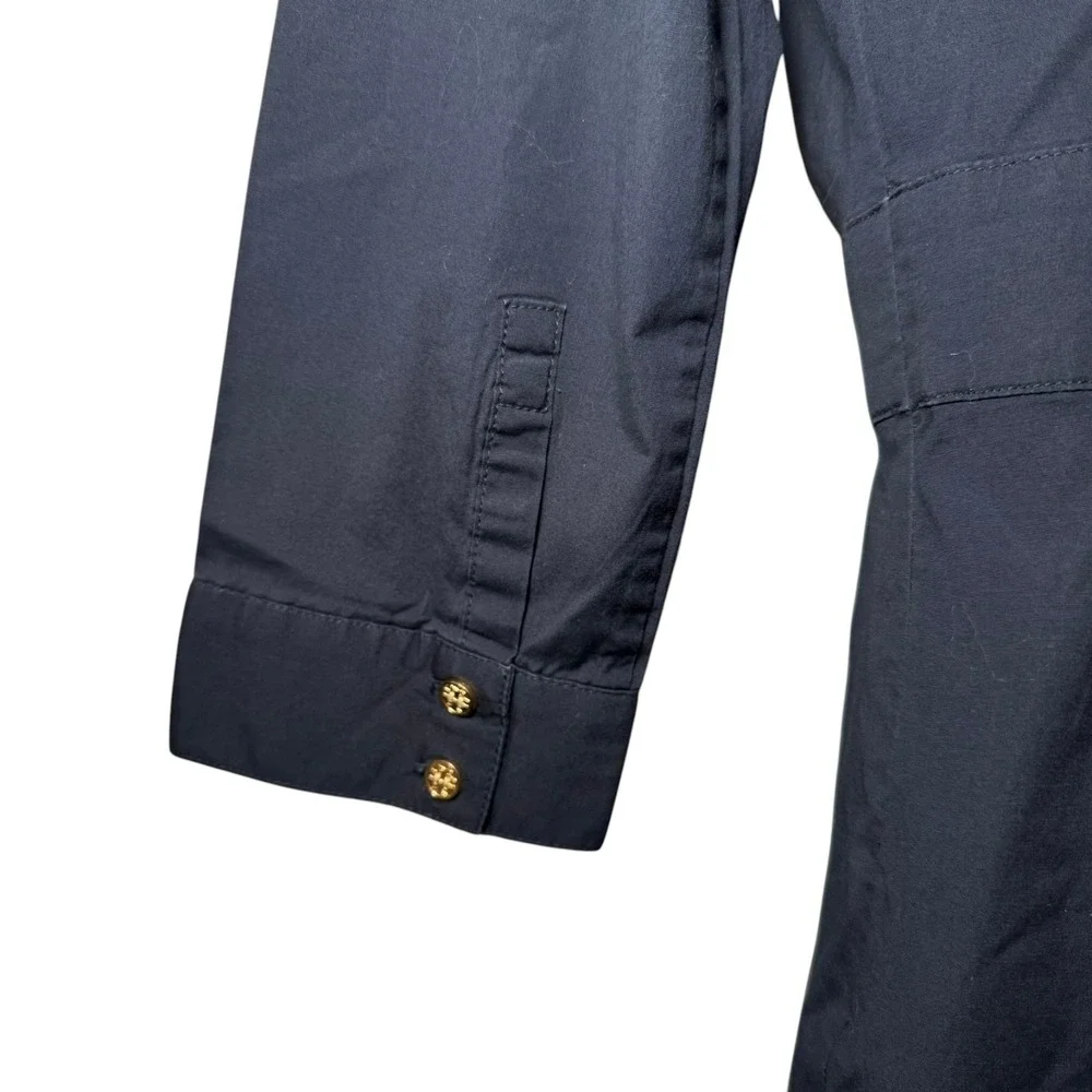 Tory Burch Navy Ruffle Shirt Dress Gold Buttons 3/4 Sleeve‎ Sz 4